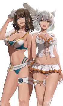 2girls alternate_costume animal_ears bare_shoulders bikini blue_eyes blush breast_tattoo breasts brown_hair cat_ears chest_jewel cleavage eunie_(xenoblade) head_wings highres j@ck large_breasts looking_at_viewer medium_hair midriff mio_(xenoblade) multiple_girls navel open_mouth short_hair simple_background skirt small_breasts smile stomach swimsuit tattoo thigh_strap white_hair wings xenoblade_chronicles_(series) xenoblade_chronicles_3 yellow_eyes