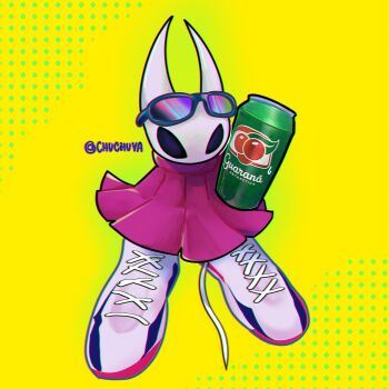 1girl arthropod_girl artist_name can chuchuva cloak drink_can drip_(meme) eyewear_on_head guarana highres hollow_eyes hollow_knight hollow_knight:_silksong horned_mask hornet_(hollow_knight) mask meme red_cloak shoes sneakers soda soda_can solo standing sunglasses yellow_background