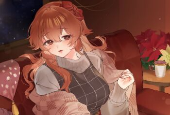 1girl black_dress blush bouquet bow bow_hairband brown_eyes brown_shawl checkered_clothes checkered_dress commission couch cup double-parted_bangs dress eikura_hana flower fluffy_hair garland_(decoration) grey_sweater hair_between_eyes hair_flowing_over hairband hand_up head_tilt holding_shawl indoors long_hair long_sleeves looking_at_viewer makeup nail_polish night off_shoulder on_couch original parted_lips patterned pinafore_dress pink_nails raised_eyebrows red_bow red_flower red_hair red_hairband shawl sidelocks sitting skeb_commission sleeveless sleeveless_dress snowing solo sweater turtleneck turtleneck_sweater wavy_hair window yellow_flower