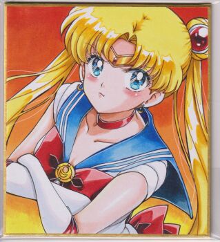 1girl arms_up bishoujo_senshi_sailor_moon blonde_hair blue_eyes blue_sailor_collar blush bow brooch chikoto_(kztc4472) choker commentary crescent crescent_earrings double_bun earrings elbow_gloves frown gloves hair_bun hair_ornament highres jewelry lips long_hair looking_up magical_girl orange_background red_bow red_choker sailor_collar sailor_moon sailor_senshi_uniform solo stud_earrings traditional_media tsukino_usagi twintails v-shaped_eyebrows white_gloves