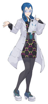 1girl absurdres aqua_necktie artist_name blue_eyes blue_hair coat collared_dress commentary dress full_body gen_4_pokemon hair_rings hands_up high_heels highres long_hair long_sleeves mable_(pokemon) makeup necktie nintendo open_clothes open_coat pantyhose pokemon pokemon_legends:_z-a rotom rotom_phone safety_glasses smile solo standing tablet_pc tachi-e white_background white_coat yachimata_1205