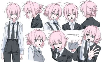 1girl black_shirt channel_(caststation) formal_clothes multiple_views necktie original pink_hair ringed_eyes shirt smile suit white_shirt