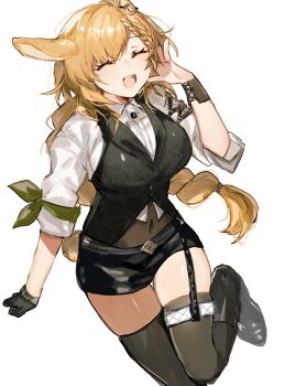 Rule 34 | 1girl, animal ears, arknights, black boots, black garter belt, black gloves, black shorts, black thighhighs, black vest, blonde hair, boots, braid, braided ponytail, breasts, closed eyes, collared shirt, commentary request, covered navel, ear ornament, facing viewer, foot out of frame, fumi (rdbm), garter belt, garter straps, gloves, hand up, highres, kroos (arknights), kroos the keen glint (arknights), large breasts, long hair, navel, official alternate costume, open mouth, rabbit ears, rabbit girl, shirt, shorts, single garter strap, smile, solo, teeth, thighhighs, upper teeth only, very long hair, vest, white background, white shirt