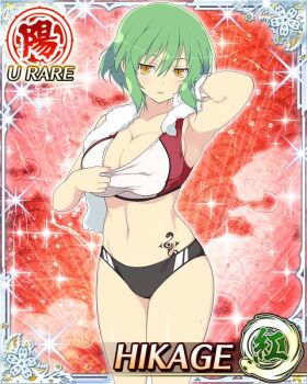 Rule 34 | 1girl, arm up, armpits, black buruma, border, breasts, buruma, card (medium), character name, cleavage, game cg, green hair, groin, hikage (senran kagura), hip tattoo, large breasts, medium hair, navel, official art, parted lips, pulling own clothes, senran kagura, senran kagura new wave, skindentation, slit pupils, snake tattoo, solo, sports bra, sweat, tattoo, third-party source, towel, towel around neck, yellow eyes