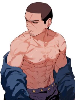 Rule 34 | 1boy, black hair, buzz cut, commentary request, facial hair, goatee stubble, golden kamuy, highres, male focus, muscular, muscular male, nipples, pituz1jb, scar, scar on stomach, short hair, simple background, solo, stubble, tsukishima hajime, undressing, upper body, very short hair, white background