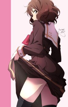 1girl black_thighhighs brown_eyes brown_hair brown_serafuku brown_skirt clothes_lift cowboy_shot cropped hibike!_euphonium highres kitauji_high_school_uniform lifting_own_clothes long_sleeves looking_at_viewer looking_back medium_hair neckerchief nii_manabu open_mouth oumae_kumiko pleated_skirt red_neckerchief sailor_collar school_uniform serafuku skirt skirt_lift solo standing thighhighs thighs white_sailor_collar