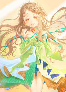 Rule 34 | 1girl, absurdres, bare shoulders, braid, detached sleeves, dress, floating hair, gakuen idolmaster, grey hair, highres, idolmaster, long hair, looking at viewer, orange eyes, own hands together, parted lips, shinosawa hiro, smile, solo, superhoikoro, thigh gap