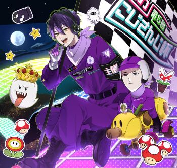 Rule 34 | 2boys, :d, absurdres, armband, artist name, bandana, bandana around neck, belt, black armband, black belt, black boots, black eyes, blooper (mario), boots, bullet bill, checkered flag, closed mouth, commentary request, expressionless, fire flower, flag, full moon, gloves, go-kart, green eyes, hair between eyes, hand up, headphones, headset, helmet, highres, holding, holding flag, jumpsuit, kenmochi touya, king boo, lace-up boots, long sleeves, looking at viewer, male focus, mario (series), mario kart, mario kart 8, microphone, mii (nintendo), moon, multiple boys, night, nijisanji, nintendo, open mouth, outdoors, piranha plant, purple bandana, purple gloves, purple hair, purple helmet, purple jumpsuit, racing suit, rainbow road, riding, safety pin, saw (dtn error), short hair, signature, sitting, sky, smile, super mushroom, super star (mario), teeth, two-tone gloves, upper teeth only, virtual youtuber, water, white bandana, white gloves, white helmet, wild wiggler
