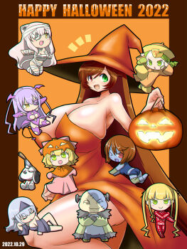 1boy 2022 2channel 6+girls :d alternate_breast_size_(larger) alternate_costume barasuishou black_kimono blonde_hair blue_shirt blue_shorts breasts brown_hair chibi cleavage closed_eyes commentary_request cosplay demon_costume dress exposed_muscle feet_out_of_frame flower_eyepatch frankenstein&#039;s_monster frankenstein&#039;s_monster_(cosplay) full_body green_eyes green_hair halloween happy_halloween hat heterochromia highres hinaichigo huge_breasts itini-sanshi jack-o&#039;-lantern japanese_clothes jiangshi_costume kanaria kimono kirakishou large_breasts leotard long_hair looking_at_viewer multiple_girls mummy_costume object_through_head one_eye_closed open_mouth orange_dress orange_hat pink_dress pumpkin_costume purple_hair purple_leotard red_eyes rozen_maiden screw_in_head shinku shirt short_hair shorts smile souseiseki strapless strapless_dress suigintou suiseiseki triangular_headpiece very_long_hair witch witch_hat yellow_eyes yellow_hat zombie_costume
