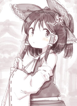 1girl ascot bamboo_broom blurry blurry_background bow broom bug butterfly collared_shirt commentary_request detached_sleeves expressionless frilled_bow frilled_hair_tubes frills hair_bow hair_tubes hakurei_reimu harusame_(unmei_no_ikasumi) holding holding_broom insect light_blush looking_to_the_side medium_hair monochrome ponytail sepia shirt shrine sketch solo touhou upper_body