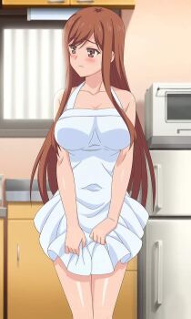 1girl anime_screenshot apron ayane_shirakawa blush breasts brown_eyes brown_hair highres kitchen naked_apron overflow_(anime) solo standing