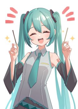 1girl aqua_hair aqua_necktie aqua_trim arm_tattoo black_skirt closed_eyes collared_shirt detached_sleeves food grey_shirt hair_between_eyes hair_ornament hatsune_miku highres holding holding_food light_blush long_hair long_sleeves necktie notice_lines number_tattoo open_mouth pleated_skirt pocky shirt simple_background skirt skoll_world sleeveless sleeveless_shirt smile solo sparkle tattoo twintails very_long_hair vocaloid white_background wide_sleeves