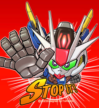 Rule 34 | absurdres, artist name, chibi, clenched hand, colored sclera, commentary request, english text, green sclera, gundam, gundam aerial rebuild, gundam aerial slap (meme), gundam suisei no majo, highres, looking at viewer, mecha, meme, mobile suit, no humans, open hand, parody, purple eyes, red background, robot, sd gundam, solo, tomutamo, ultra series, v-fin