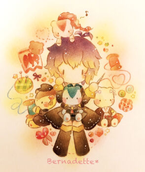 1girl bernadetta_von_varley black_dress black_thighhighs colored_pencil_(medium) commentary_request dorothea_arnault dress edelgard_von_hresvelg female_byleth_(fire_emblem) fire_emblem fire_emblem:_three_houses garreg_mach_monastery_uniform musical_note nintendo no_mouth no_nose painting_(medium) petra_macneary pincushion purple_hair short_hair spool stuffed_animal stuffed_toy teddy_bear thighhighs traditional_media watercolor_(medium) yukichi_0611