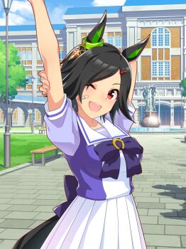 1girl absurdres animal_ears arch arm_behind_head arm_up artist_request back_bow bandaid bandaid_on_cheek bandaid_on_face bare_arms bench black_hair blue_bow blue_bowtie blue_shirt blue_sky bow bowtie breasts brooch cloud cowboy_shot day ear_ornament fingernails fountain game_cg hair_ornament hairclip happy high-waist_skirt highres holding_own_arm horse_ears horse_girl horse_tail horseshoe jewelry lamppost large_breasts light_blush official_art one_eye_closed open_mouth outdoors path pleated_skirt puffy_short_sleeves puffy_sleeves red_eyes road sailor_collar school school_uniform shade shirt short_hair short_sleeves skirt sky smile solo standing statue tail tan tareme teeth tracen_academy tracen_school_uniform tree two-tone_shirt umamusume upper_teeth_only white_sailor_collar white_shirt white_skirt winning_ticket_(umamusume)