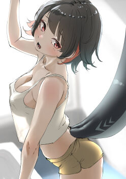 1girl absurdres alternate_costume arched_back arm_up bare_shoulders black_hair breasts cleavage collarbone colored_inner_hair commentary_request covered_erect_nipples cowboy_shot crop_top crop_top_overhang ellen_joe fins fish_tail from_side highres indoors large_breasts leaning_on_object looking_to_the_side mole mole_under_eye multicolored_hair open_mouth red_eyes scar scar_on_tail shark_girl shark_tail sharp_teeth shirt short_hair shorts solo tail tama_(tamago) teeth white_shirt yellow_shorts zenless_zone_zero