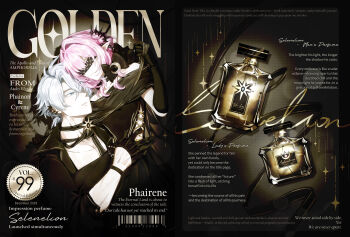 Rule 34 | 1boy, 1girl, absurdres, ahoge, black dress, black gloves, black shirt, blindfold, blue eyes, bottle, chinese commentary, commentary, cover, cyrene (honkai: star rail), cyrene (philia093) (honkai: star rail), dive190817, dress, elbow gloves, english text, fake magazine cover, gloves, half gloves, highres, honkai: star rail, honkai (series), magazine cover, official alternate costume, perfume bottle, phainon (fashion) (honkai: star rail), phainon (honkai: star rail), pink hair, pointy ears, ship name, shirt, short hair, white hair