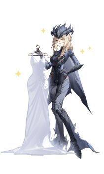 1girl blonde_hair closed_mouth dress duet_night_abyss full_body hair_between_eyes hand_on_own_hip highres holding holding_unworn_clothes holding_unworn_dress long_hair luan_teng lynn_(duet_night_abyss) simple_background solo tachi-e unworn_dress white_background white_dress yellow_eyes