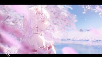 1girl absurdres artist_logo bare_shoulders blurry blurry_background blurry_foreground breasts cherry_blossoms closed_mouth colored_eyelashes commentary commentary_request depth_of_field earrings english_commentary flower from_side hair_flower hair_ornament hair_ribbon highres jewelry jinhsi_(peach_blossom)_(wuthering_waves) jinhsi_(wuthering_waves) letterboxed logo long_hair looking_ahead medium_breasts multicolored_hair official_alternate_costume outdoors partial_commentary pink_eyes pink_flower purple_ribbon quragenomiken ribbon solo streaked_hair tacet_mark_(wuthering_waves) upper_body white_eyelashes white_hair wuthering_waves