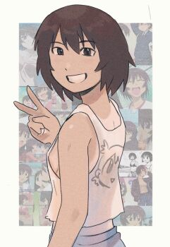 Rule 34 | 1girl, :d, arm at side, bare shoulders, blue shorts, border, breasts, brown eyes, brown hair, character print, crop top, cropped shirt, dark-skinned female, dark skin, denim, denim shorts, film grain, grin, hair between eyes, hand up, highres, kagura (azumanga daioh), kaori (azumanga daioh), kasuga ayumu, looking at viewer, looking back, looking to the side, medium breasts, midriff, mosaic background, nakano yotsuba, no bra, one-piece tan, open mouth, outside border, potsato, print shirt, romaji commentary, shirt, short hair, shorts, sideboob, smile, solo, standing, takino tomo, tan, tank top, tanline, tomboy, upper body, v, white border, white tank top, yotsubato!