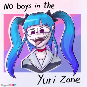 Rule 34 | amemiya darumi, black bow, black hair, blue hair, blunt bangs, bow, commentary, cropped shoulders, ear piercing, english commentary, english text, face piercing, facepaint, facial mark, hair bow, heart, heart facial mark, highres, instagram logo, long hair, mouth piercing, multicolored hair, open mouth, pale skin, piercing, purple eyes, sidelocks, smile, soggysuni, source quote, teeth, the hundred line -last defense academy-, tongue, tongue out, twintails, twitter logo, twitter username, youtube logo