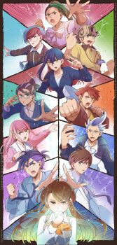 5boys 6+girls absurdres age_progression aged_up alternate_color amarys_(pokemon) arven_(pokemon) bag black_hair blue_hair braid brother_and_sister brown_eyes brown_hair carmine_(pokemon) closed_mouth collared_shirt colored_inner_hair crispin_(pokemon) dark-skinned_female dark_skin drayton_(pokemon) eyelashes florian_(pokemon) freckles frying_pan glasses green_hair grey_eyes hair_between_eyes hair_ornament hairclip highres holding holding_poke_ball holding_tera_orb jacket juliana_(pokemon) kieran_(pokemon) lacey_(pokemon) long_hair long_sleeves mole mole_on_neck mole_under_eye multicolored_hair multiple_boys multiple_girls necktie nemona_(pokemon) nintendo open_clothes open_jacket open_mouth pants pantyhose penny_(pokemon) pink_hair poke_ball poke_ball_(basic) pokemon pokemon_sv ponytail purple_eyes purple_hair red_hair round_eyewear shirt short_hair short_sleeves shorts siblings smile sorairo749 streaked_hair teacher tera_orb two-tone_hair white_hair yellow_eyes