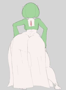 1girl ass back commentary darkafterdark english_commentary feet gardevoir gen_3_pokemon green_hair huge_ass nintendo pokemon short_hair simple_background solo standing