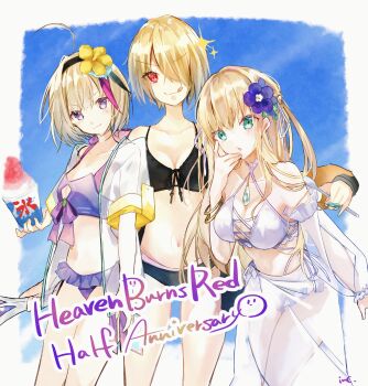 3girls :p absurdres blonde_hair brown_hair commentary_request flower food green_eyes grey_hair hair_flower hair_ornament hairband heaven_burns_red highres kayamori_ruka long_hair looking_at_viewer miku_rinren minase_sumomo multiple_girls purple_eyes red_eyes shaved_ice short_hair swimsuit tongue tongue_out toujou_tsukasa