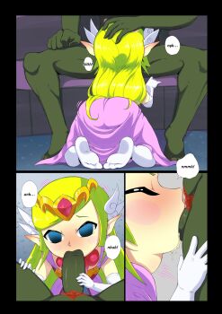 1boy 1girl absurdres age_difference ass black_border blonde_hair blue_eyes blush blush_stickers border chromodomo clothed_female_nude_male colored_pubic_hair colored_skin comic cum cum_in_mouth cum_overflow deepthroat dress ear_blush elbow_gloves feet fellatio ganondorf gloves green_skin hair_ornament hand_on_another's_head hetero highres jewelry kneeling large_penis loli long_hair male_pubic_hair necklace nintendo no_shoes nude oral penis pink_dress pointy_ears princess_zelda pubic_hair rape red_pubic_hair sequential sitting size_difference spread_legs the_legend_of_zelda the_legend_of_zelda:_the_wind_waker throat_bulge tiara toes toon_zelda uncensored very_long_hair white_gloves white_legwear