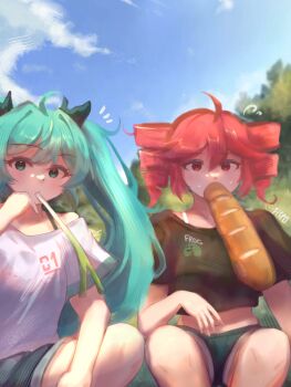 2girls ahoge alternate_costume aqua_eyes aqua_hair baguette black_shirt bread commentary cropped_shirt day english_commentary food food_in_mouth h3p0 hatsune_miku highres kasane_teto long_hair looking_at_viewer multiple_girls outdoors red_eyes red_hair shirt short_sleeves shorts spring_onion squatting twintails utau variant_set vocaloid white_shirt