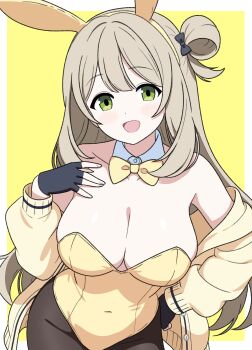 1girl :d absurdres alternate_costume animal_ears black_gloves blue_archive breasts cleavage fake_animal_ears gloves green_eyes highres large_breasts leotard looking_at_viewer nipehi nonomi_(blue_archive) open_mouth playboy_bunny rabbit_ears simple_background smile yellow_background yellow_leotard