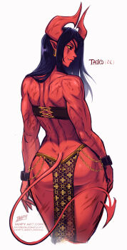 1girl artist_name ass back black_hair black_sclera bluesky_username character_name colored_sclera colored_skin commentary cowboy_shot demon_girl demon_horns demon_tail earrings english_commentary eyepatch facial_scar fang highres horns iahfy jewelry long_hair looking_at_viewer looking_back muscular muscular_arms muscular_back muscular_female original patreon_username pointy_ears red_skin scar scar_on_arm scar_on_ass scar_on_back scar_on_cheek scar_on_face scar_on_hip scar_on_horns scar_on_leg scar_on_thigh simple_background slit_pupils solo taiko_(iahfy) tail thick_thighs thighs watermark white_background
