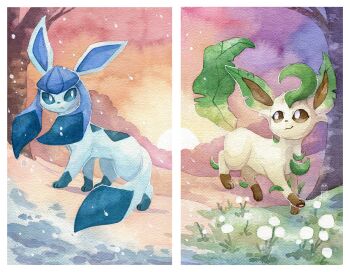 blue_eyes bright_pupils brown_eyes closed_mouth commentary english_commentary flower gen_4_pokemon glaceon highres leafeon nintendo no_humans painting_(medium) pokemon pokemon_(creature) pokemon_focus snow snowing sunset traditional_media tree trulyavaporeon white_pupils
