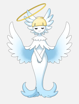 1girl blonde_hair blunt_bangs closed_eyes closed_mouth colored_skin fakemon female_focus full_body grey_background happy highres muguet nintendo original own_hands_together pokemon short_hair simple_background smile solo standing v_arms white_skin wings