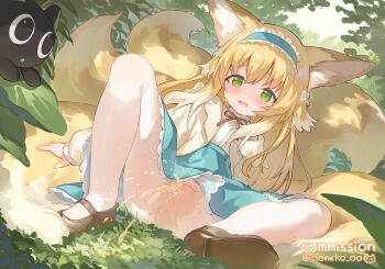 1girl animal_ears arknights artist_name blonde_hair blue_hairband blue_skirt bow bowtie brown_shoes cardigan cloneko_(zelmeledf2) collared_shirt commentary_request commission crying crying_with_eyes_open dress_shirt fox_ears fox_girl fox_tail frilled_hairband frills full_body green_eyes hair_ornament hair_scrunchie hairband highres kitsune kyuubi loafers loli long_hair long_sleeves luo_xiaohei luo_xiaohei_(cat) luo_xiaohei_zhanji multicolored_hair multiple_tails open_cardigan open_clothes open_mouth pee peeing peeing_self red_bow red_bowtie scrunchie shirt shoes sitting skeb_commission skirt solo suzuran_(arknights) suzuran_(spring_praise)_(arknights) tail tears two-tone_hair upskirt variant_set very_long_hair white_cardigan white_hair white_scrunchie white_shirt