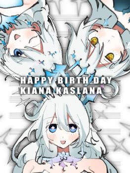115date 3girls ;o ahoge bare_shoulders blue_eyes breasts commentary_request cross-shaped_pupils happy_birthday honkai_(series) honkai_impact_3rd kiana_kaslana kiana_kaslana_(ba-dum!_fiery_wishing_star) kiana_kaslana_(divine_prayer) kiana_kaslana_(herrscher_of_the_void) kiana_kaslana_(parasol_kaiserin) kiana_kaslana_(winter_princess) kiana_kaslana_(wintery_wishes) large_breasts long_hair multiple_girls multiple_persona official_alternate_costume one_eye_closed symbol-shaped_pupils tiara very_long_hair white_hair yellow_eyes