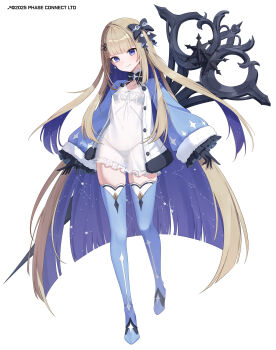 1girl absurdres amanogawa_shiina bikini black_bikini black_bow black_bowtie black_gloves blonde_hair blue_boots blue_eyes blue_hair boots bow bowtie breasts closed_mouth collarbone colored_inner_hair commentary constellation copyright_name english_commentary full_body gloves hair_bow highres kurimui2 long_hair multicolored_hair navel phase_connect scissors scissors_hair_ornament see-through_clothes small_breasts solo starry_hair swimsuit thigh_boots thighs virtual_youtuber white_background