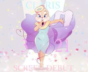 Rule 34 | 1girl, blue dress, blue eyes, chipmunk ears, chipmunk girl, clarice (disney), disney, dress, english text, eyelashes, flower, full body, hair flower, hair ornament, highres, holding, holding microphone, looking at viewer, mickey mouse &amp; friends, microphone, open mouth, rl10 02, smile, solo