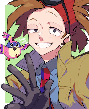 1boy absurdres bird black_eyes black_gloves blue_shirt boku_no_hero_academia border brown_hair brown_jacket collared_shirt commentary_request gloves grin highres jacket looking_at_viewer male_focus necktie nekoma_hikaru red_necktie rody_soul shirt short_hair sideburns smile solo upper_body white_border