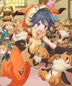 Rule 34 | 1girl, bare arms, black gloves, black hair, blue eyes, blush, character costume, character doll, checkered floor, cosplay, doll, dot nose, game cg, gloves, holding, holding stuffed toy, indoors, nene (toji no miko), nene (toji no miko) (cosplay), official art, open mouth, outstretched arm, pink pupils, purple eyes, reaching, red pupils, reflective floor, shelf, sidelocks, solo, standing, standing on one leg, star balloon, statue, stuffed animal, stuffed toy, third-party source, tile floor, tiles, toji no miko, toji no miko: kizamishi issen no tomoshibi, too many dolls, yamashiro yui