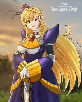 1girl android armor armored_dress berkana_(mega_man) blonde_hair blue_eyes blurry blurry_background braid breasts chest_jewel dress earrings forehead_jewel full_body gloves hair_ornament hair_ribbon hands_up hat helmet highres holding holding_own_hand jeweled_hat jewelry large_breasts laughing logo long_dress long_hair long_sleeves looking_to_the_side makeup mature_female mega_man_(series) mega_man_x_(series) mega_man_xtreme_2 necklace no_headwear open_mouth purple_armor purple_hat purple_ribbon ribbon rob_(robarts) robot_ears robot_girl shoulder_armor simple_background smile solo teeth upper_teeth_only weapon white_background white_gloves wide_sleeves witch witch_hat