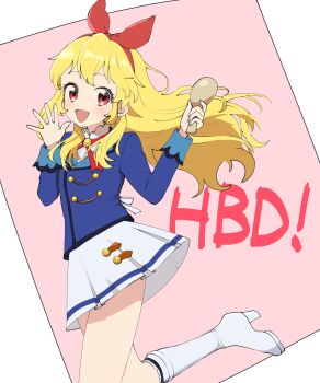 1girl :d aikatsu! aikatsu!_(series) blonde_hair blue_jacket boots bow bow_hairband floating_hair foot_out_of_frame hair_bow hairband hands_up happy_birthday high_heel_boots high_heels highres holding holding_spoon hoshimiya_ichigo jacket long_hair long_sleeves looking_at_viewer miniskirt neck_ribbon open_hand open_mouth pink_background pleated_skirt red_bow red_eyes red_hairband red_ribbon ribbon sakuragi_mochi school_uniform shamoji shirt skirt smile solo spoon standing standing_on_one_leg starlight_academy_school_uniform very_long_hair white_boots white_shirt white_skirt winter_uniform