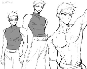 Rule 34 | 1boy, alien stage, arm up, armpits, artist name, heartiaac, highres, male focus, nipples, pants, pectorals, scar, scar on neck, shirt, short hair, signature, sleeveless, sleeveless shirt, sleeveless turtleneck, third-party source, till (alien stage), topless male, turtleneck, turtleneck shirt, very short hair