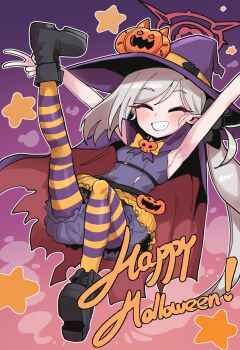 1girl armpits black_boots bloomers blue_archive blue_bloomers blush boots cape closed_eyes full_body grey_hair grin halo happy_halloween hat highres leg_up long_hair mago_cats mutsuki_(blue_archive) pantyhose purple_hat red_halo smile solo striped_clothes striped_pantyhose underwear v witch_hat