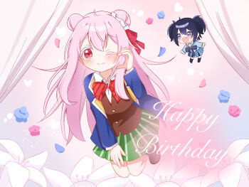 2girls blazer blue_hair blush bow bowtie cardigan chibi closed_mouth collared_shirt curtains double_bun falling_petals fang flower fuwarin_(huwarin26) hair_between_eyes hair_bun hair_ornament happy_birthday happy_sugar_life highres jacket koube_shio long_hair long_sleeves looking_at_viewer matsuzaka_satou medium_hair multiple_girls one_eye_closed petals pink_hair plaid_clothes plaid_skirt pleated_skirt purple_eyes red_eyes ribbon school_uniform shirt simple_background skirt smile solo_focus twintails very_long_hair watermark white_shirt
