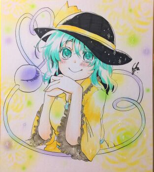 1girl black_hat collared_shirt commentary_request eyeball frilled_sleeves frills green_eyes green_hair hat hat_ribbon heart heart_of_string highres komeiji_koishi long_sleeves looking_at_viewer own_hands_together ribbon shikishi shirt signature solo third_eye touhou traditional_media wide_sleeves yellow_ribbon yellow_shirt yuzuha_(yuzutime)