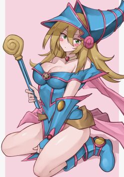 1girl absurdres bare_shoulders blonde_hair blue_dress blue_hat blush_stickers breasts capelet cleavage dark_magician_girl dress duel_monster eyelashes green_eyes hat highres kneeling long_hair medium_breasts pink_background pink_capelet simple_background solo yotsuha_uni yu-gi-oh!