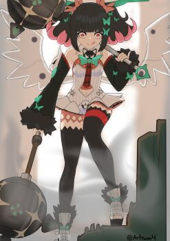 Rule 34 | angel wings, artrum4, bare shoulders, black hair, black thighhighs, colored inner hair, commentary, detached sleeves, dress, english commentary, green halo, halo, highres, holding, holding mace, holding weapon, licking lips, long sleeves, looking at viewer, mace, multicolored hair, nangong yu, necktie, pink hair, red eyes, short hair, short twintails, smile, thighhighs, tongue, tongue out, twintails, twitter username, weapon, white dress, wings, zenless zone zero