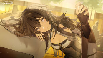 1girl absurdres aether_gazer artist_request black_gloves black_hair breasts character_request cleavage closed_mouth copyright_name fingerless_gloves gloves highres long_hair looking_at_viewer official_art reaching reaching_towards_viewer solo table yellow_eyes