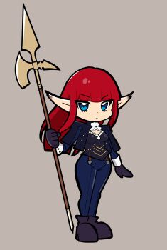 Rule 34 | 1girl, absurdres, axe, battle axe, black boots, black bustier, black gloves, blue eyes, blunt bangs, boots, breasts, bustier, chibi, chibi only, closed mouth, commentary request, full body, gloves, grey background, highres, holding, holding weapon, hulkenberg (metaphor: refantazio), koyuki0125k, long hair, metaphor: refantazio, pants, pointy ears, red hair, sidelocks, simple background, solo, weapon